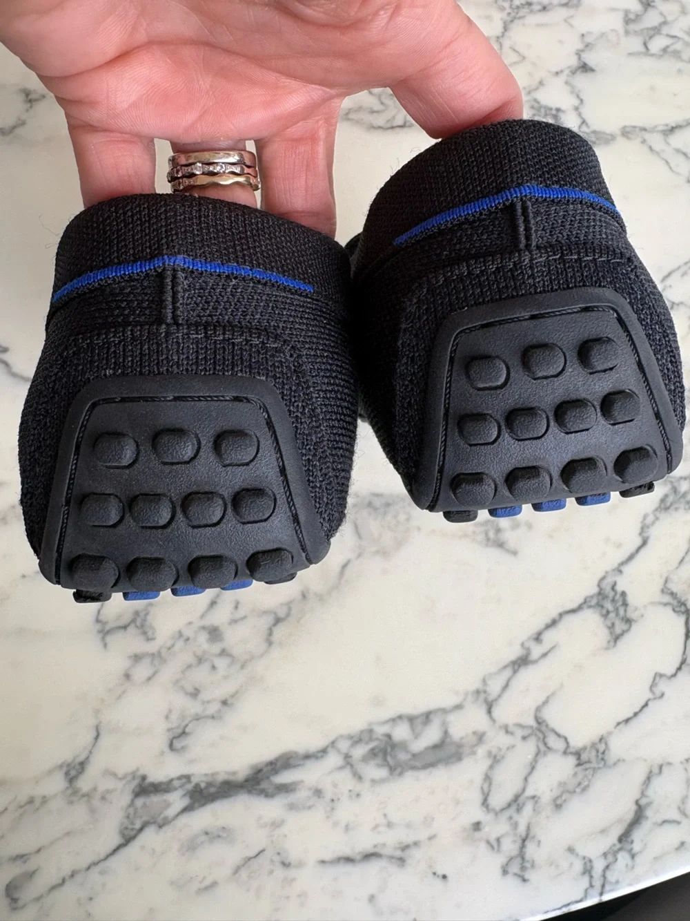 Rothy's The Driver slip-on loafer Black w/blue piping detail sz 9.5